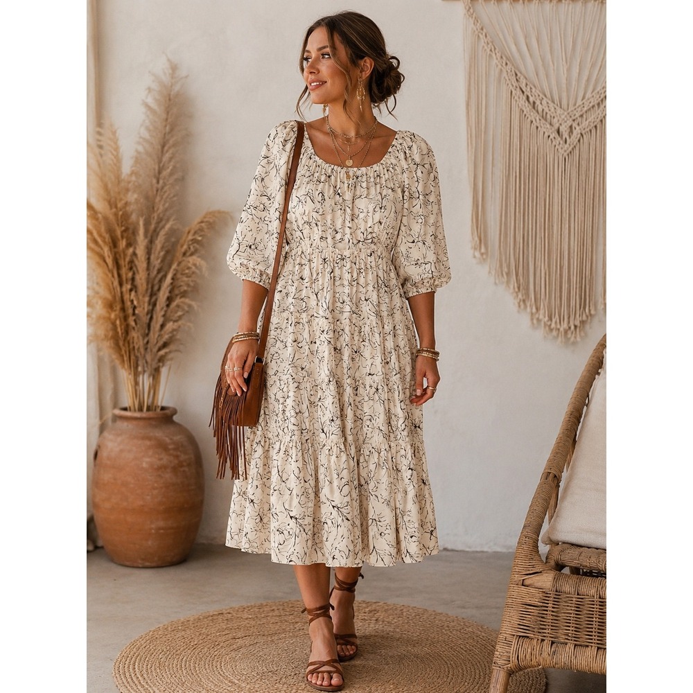 Zoco Cream Brown Floral Tiered Midi Dress Puff Sleeve ISA1971D Womens Medium